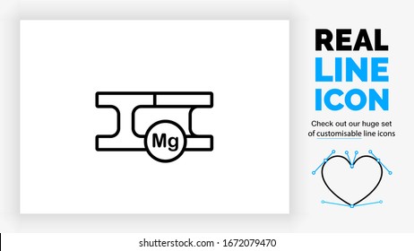 Editable real line icon of magnesium in the mining industry as a raw material base metal bar used in construction with periodic table element Mg symbol in black lines on a white background