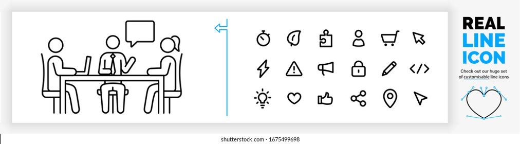 Editable real line icon of a male and female stick figure in a business meeting sitting at a table with a computer and the manager is wearing a suit and tie in black modern lines on a white background