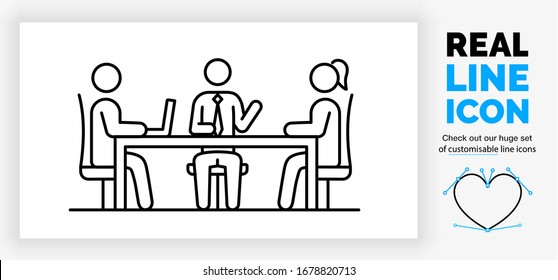 Editable real line icon of a male and female stick figure in a business meeting sitting at a table with a computer and the manager is wearing a suit and tie in black modern lines on a white background