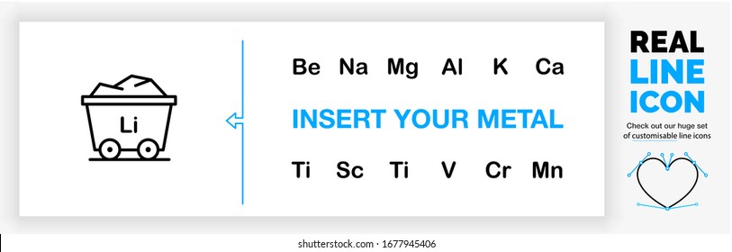 Editable real line icon of metals in the mining industry as a rail wagon to transport raw material base metal ore with a periodic table element symbol set in black lines on a clean white background