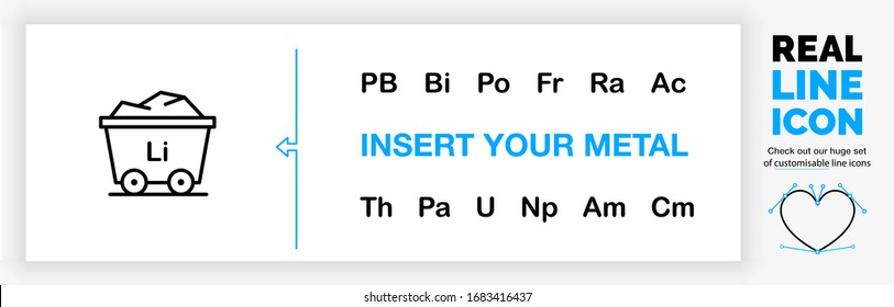 Editable real line icon of metals in the mining industry as a rail wagon to transport raw material base metal ore with a periodic table element symbol set in black lines on a clean white background