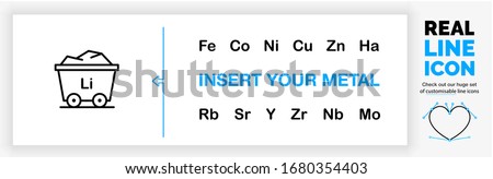 Editable real line icon of metals in the mining industry as a rail wagon to transport raw material base metal ore with a periodic table element symbol set in black lines on a clean white background