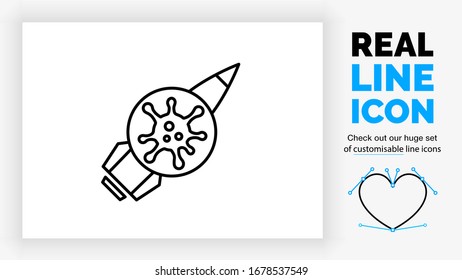 Editable real line icon of a missile and a virus pathogen used in biological warfare to infect the enemy population with a disease in a modern infographic vector EPS style with clean black lines