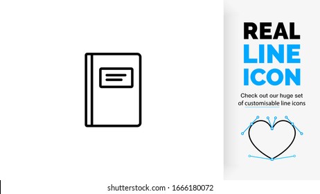 icono de línea real editable de un libro de notas usado en la escuela o universidad en líneas limpias negras en un fondo blanco