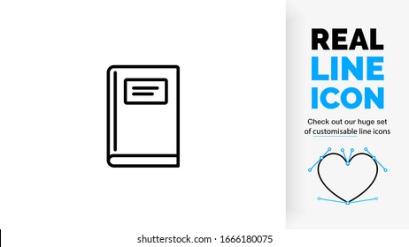 editable real line icon of a note book used in school or university in black clean lines on a white background