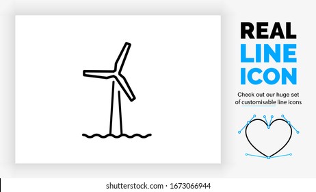 Bearbeitbare reale Linie Symbol eines Offshore-Windmühle-Parks in der grünen Energiewirtschaft in schwarz-sauberen Linien auf weißem Hintergrund