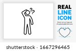 Editable real line icon of a person stick figure confused with doubt and question marks around his head in clean modern black lines on a white background