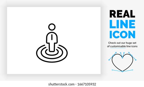 editable real line icon of a person standing central in his organisation depicting he takes responsibility in the circle of influence in black clean lines on a white background