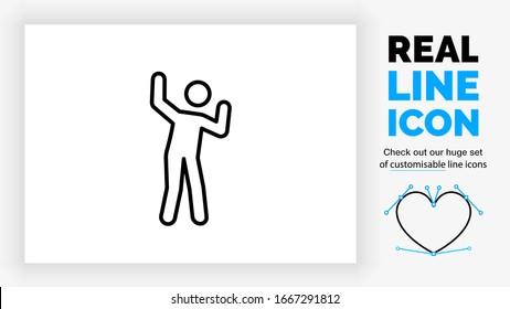 Editable real line icon of a person stick figure yelling and shouting as a supporter in clean black lines on a white background