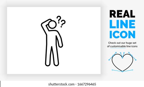 Editable real line icon of a person stick figure confused with doubt and question marks around his head in clean modern black lines on a white background