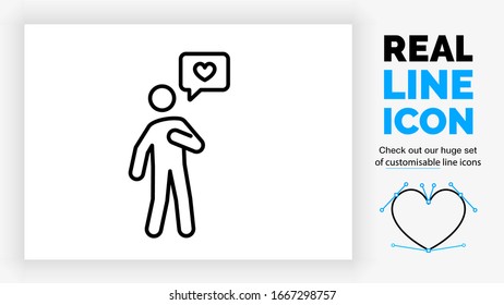 Editable real line icon of a person stick figure confessing his love in a speech bubble with a heart in black clean lines on a white background