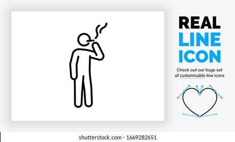 Editable real line icon of a person stick figure addicted to smoking a cigarette as a unhealthy habit standing outside with is body in black clean outline design stroke on a white background