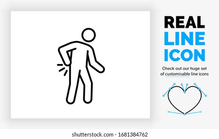 Editable real line icon of a person stick figure with lower back pain in modern black lines on a clean white background as a EPS vector infographic element