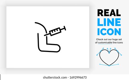 Editable Real Line Icon Of A Person Getting A Injection, Vaccination Or Blood Test At The Doctor In His Arm In Modern Black Lines On A Clean White Background As A Eps Vector File