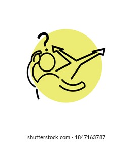 	
Editable real line icon of a person stick figure confused someo standing at crossroads. Difficult choice between two options. Decide dilemma concept. Clean modern black lines