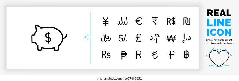 Editable real line icon of a piggy bank used for personal money savings with a world wide currency symbol set to customise the pig in modern black lines on a clean white background as a eps vector