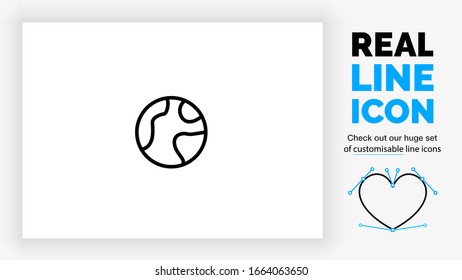 editable real line icon of planet earth in full globe view with Europe, Africa and north America in sight in black lines on a white background