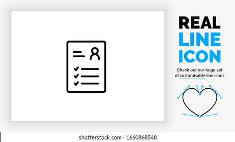 editable real line icon of a resume used for a  job interview in your career on a paper with a person stick man and text lines in a black rounded lines vector style on a white background