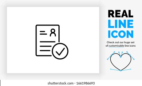 editable real line icon of a resume used for a  job interview in your career on a paper with a person stick man and text lines with a check mark vink in a black rounded lines vector style 