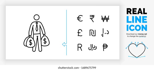 Editable real line icon of a rich stick figure business man in full body view with a suit and bags of money to carry in his hands in modern black lines on a clean white background as a eps vector file
