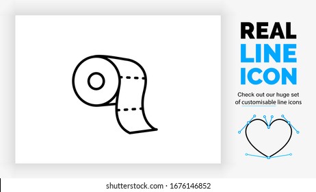 Icono de línea real editable de un rollo de papel higiénico con una hoja de tejido colgando en líneas negras modernas sobre un fondo blanco limpio en un archivo vectorial EPS personalizable