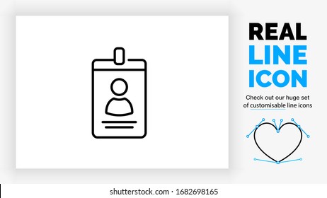 Editable real line icon of a security badge used by a event with a symbol of a person and the name in the form of black lines on a clean white background as a eps vector file