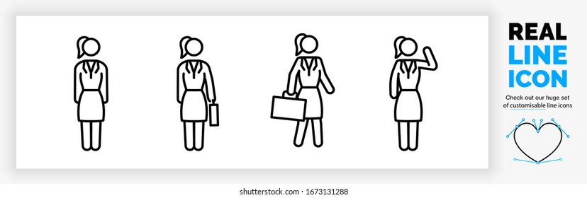 Editable real line icon set of the whole body of a stick figure business woman in a corporate suit and skirt standing and walking with a suitcase and waving in black modern and clean lines