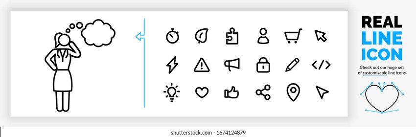 editable real line icon set of a standing business woman stick figure thinking about an idea in a thought cloud in black modern lines on a clean white background