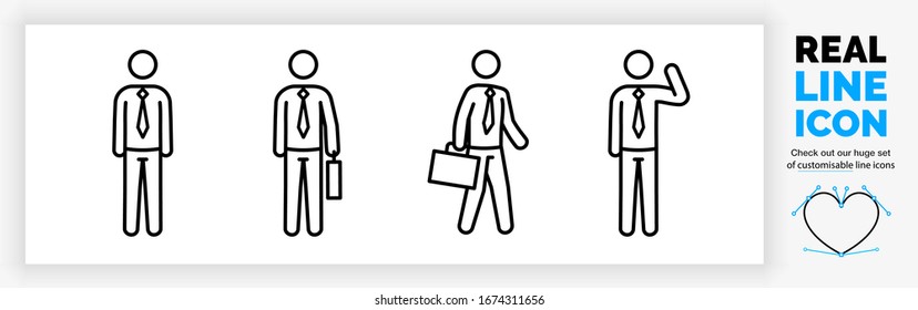 Editable Real Line Icon Set Of The Whole Body Of A Stick Figure Business Man In A Corporate Suit With Tie Standing And Walking With A Suitcase And Waving In Black Modern And Clean Lines