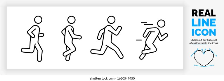 Editable real line icon set of a boy stick figure running fast and jogging to lose weight in a outline black lines on a clean white background vector file keeping in shape and fit healthy lifestyle