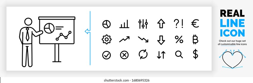 Editable real line icon set of a standing businessman stick figure giving a analytics presentation with a pie graph and data chart on a screen in black modern vector lines on a clean white background