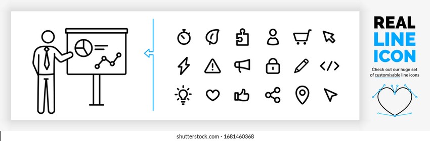 Editable real line icon set of a standing business man stick figure giving a analytics presentation with a pie graph and data chart on a screen in black modern lines on a clean white background