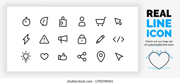 Editable real line icon set of a wide range of UX design business and symbols used to communicate about positive and negative social events in a modern black stroke on a clean white background as eps 