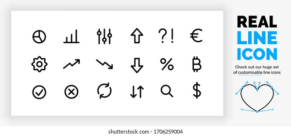 Editable real line icon set of finance linear art with a customisable stroke used in corporate business communication to show success in modern black lines on a clean white background as a eps vector