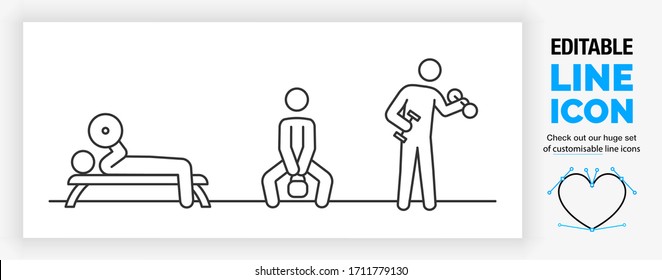 Editable real line icon set of stick figure people working out in the gym by doing muscle exercises with a dumbbell, benchpress and kettlebell in full body view in a black stroke as a eps vector file