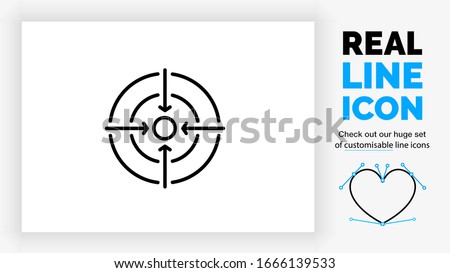 editable real line icon of a shooting bullseye used as a focus symbol with four arrows pointing to the center in black clean lines on a white background