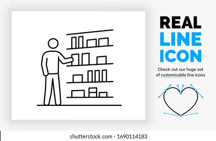 Editable real line icon of a shopping stick figure person in full body view taking a product box from the shelf in a grocery store in modern black lines on a clean white background as eps vector file