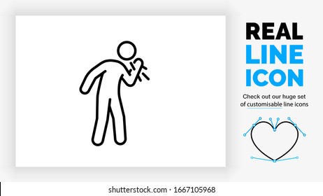 editable real line icon of a sick stick figure coughing and sneezing spreading the virus by salvia in the air in black clean and modern lines on a white background