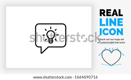 editable real line icon of a speech bubble with a shining light bulb symbol for innovation and idea development in a creative brainstorm in black rounded lines on a white background