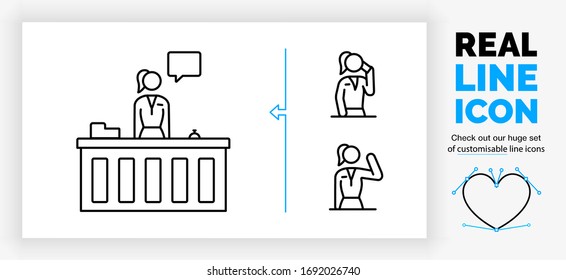 Editable Real Line Icon Of A Standing Stick Figure Receptionist Working At The Reception To Help A Customer And Talk With A Speech Bubble And Two Symbols Of The Woman Talking On The Phone And Waving 