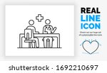 Editable real line icon of a stick figure doctor consultation with a patient in his office sitting at a desk in a chair with a stethoscope and a medical cross in modern black lines as a eps vector