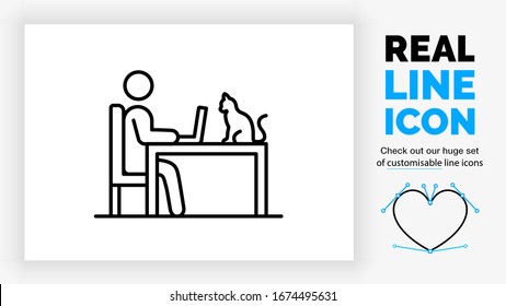 editable real line icon of a stick figure person working in a chair at his home table on a laptop with a cat pet as company in modern black lines on a clean white background vector EPS
