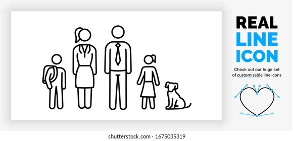 Editable real line icon of stick figure family with a son and his school bag and a working mom and dad in a suit with a tie and a daughter in a skirt with the pet dog sitting in black clean eps lines