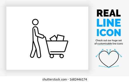 Editable Real Line Icon Of A Stick Figure Person Walking In Full Body View With A Shopping Cart  With Products In It In Modern Black Lines On A Clean White Background As A Eps Vector File