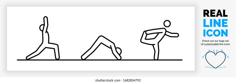 Editable real line icon a stick figure person doing yoga poses at home to stay fit during corona in modern black lines on a white background as a eps vector file