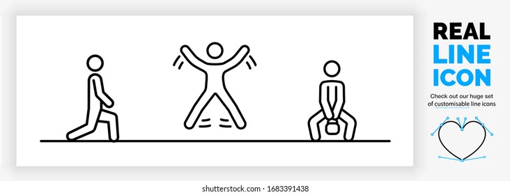 Editable real line icon of a stick figure person staying fit at home by doing exercises for muscle and cardio working on core body strength in modern black lines on a clean white background as eps 