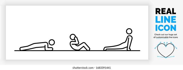 Editable real line icon of a stick figure person staying fit at home by doing exercises for muscle and cardio working on core body strength in modern black lines on a clean white background as eps 