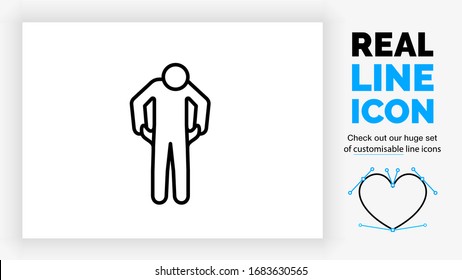 Editable real line icon of a stick figure person being broke pulling out his pockets but there is no money in modern black lines on a clean white background as a eps vector file