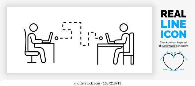 Editable real line icon of stick figure people working from home on their computer communicating with their colleagues in on a online server with digital files in modern black lines as a eps vector