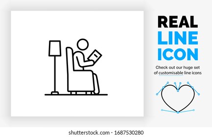 Editable real line icon of a stick figure reading a book in his chair at home in the living room with a lamp behind him as reading light in modern black lines on a clean white background as eps vector